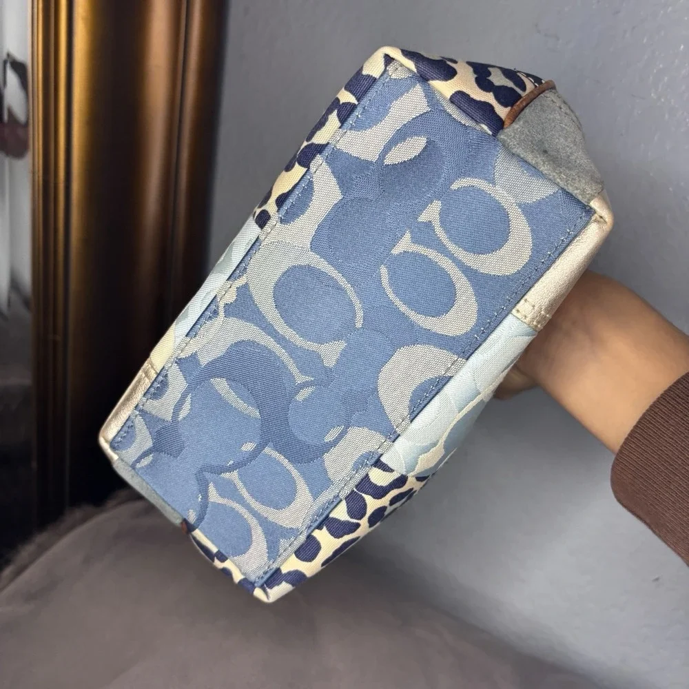 Vtg Coach Patchwork Denim Blue Brown Multicolor Shoulder Bag Leather Handle